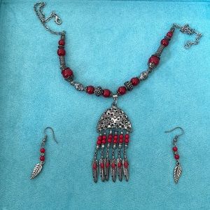 Beautiful ethnic boho necklace earring set red glass beads enamel NEW